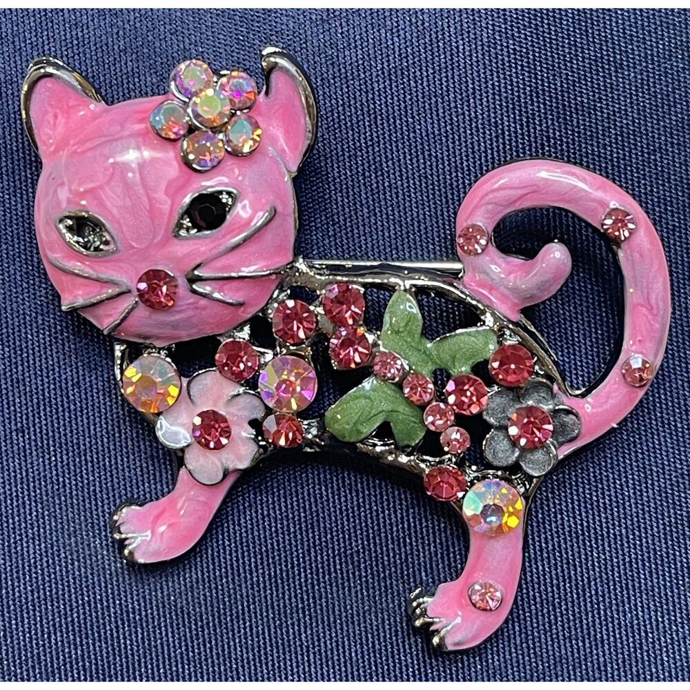 NWOT Pink Cat Kitten Brooch Lapel Pin Enamel Rhinestone Crystal Flower Floral